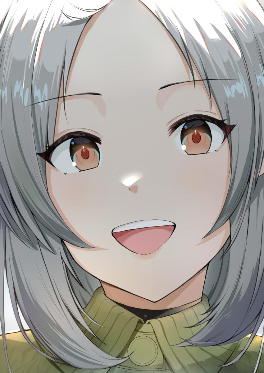 1girl absurdres grey_hair highres medium_hair mushoku_tensei portrait profile_picture red_eyes ribbed_collar shirt smile solo sweater sylphiette_(mushoku_tensei) white_background yoru_no