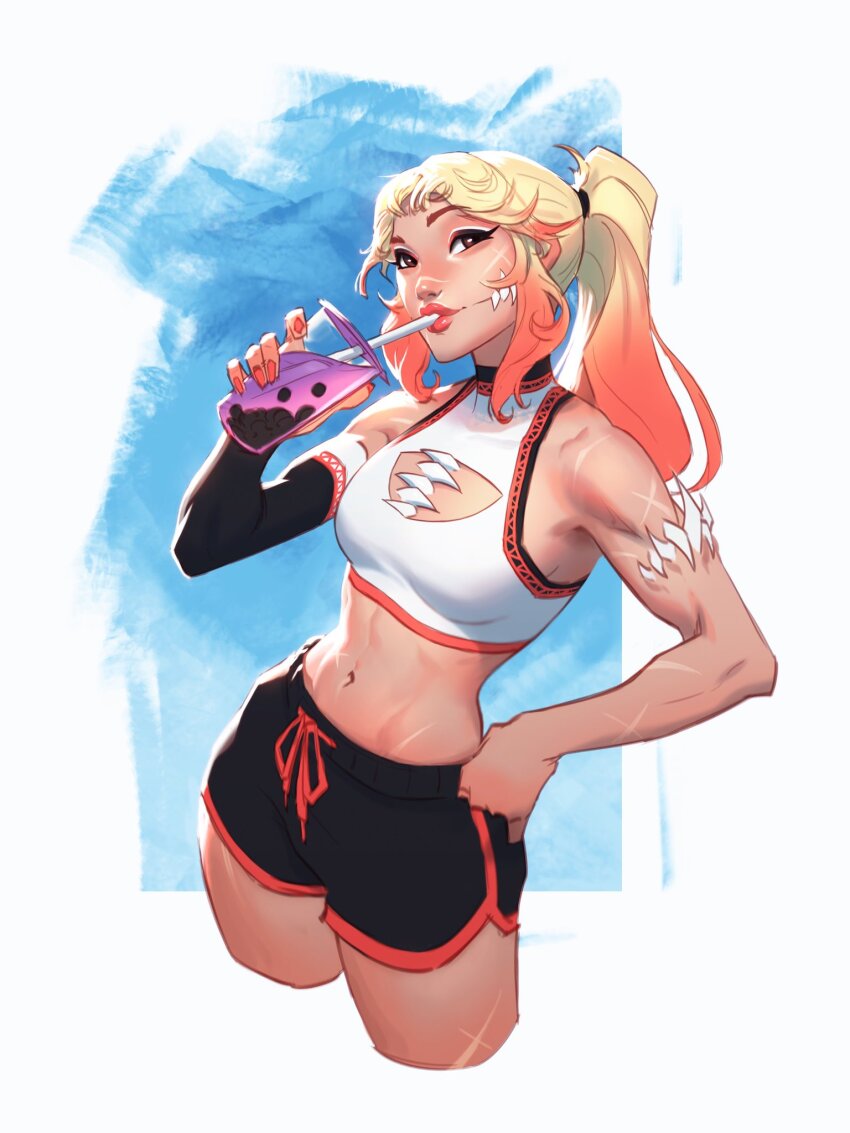 1girl bare_shoulders black_shorts blonde_hair breasts brown_eyes bubble_tea chest_mouth cleavage_cutout clothing_cutout cowboy_shot cup disposable_cup dolphin_shorts drawstring drinking drinking_straw drinking_straw_in_mouth extra_teeth facial_scar from_above glasgow_smile gradient_hair hand_on_own_hip highres holding holding_cup jeremy_anninos multicolored_hair original ponytail red_hair red_lips scar scar_on_arm scar_on_cheek scar_on_face scar_on_leg scar_on_nose scar_on_shoulder scar_on_stomach short_shorts shorts sidelocks sideways_glance small_breasts solo sports_bra tanya_(jeremy_anninos) white_sports_bra
