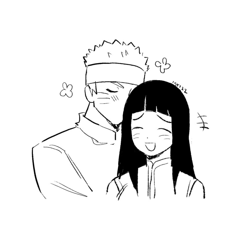 1boy 1girl artist_name blush closed_eyes couple facial_mark hashtag-only_commentary hetero highres hyuuga_hinata long_hair monochrome naruto:_the_last naruto_(series) ns195122 open_mouth short_hair upper_body uzumaki_naruto whisker_markings