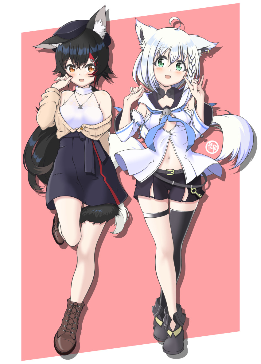 2girls absurdres ahoge animal_ear_fluff animal_ear_piercing animal_ears bare_shoulders beret black_boots black_hair black_hat black_shorts black_skirt black_thighhighs blue_neckerchief blush boots braid brown_boots brown_cardigan cardigan commentary crossed_ankles detached_sleeves double-parted_bangs drop_shadow flipped_hair fold-over_boots fox_ears fox_girl fox_shadow_puppet fox_tail front_slit full_body green_eyes hair_between_eyes hair_ornament hairclip half_up_braid halter_shirt halterneck hands_up hat high-waist_skirt highres hololive hood hooded_vest hoodie jewelry lace-up_boots long_hair long_sleeves looking_at_viewer low_ponytail midriff_peek miniskirt multicolored_hair multiple_girls navel neckerchief necklace off_shoulder official_alternate_hairstyle ookami_mio ookami_mio_(street) open_cardigan open_clothes open_mouth orange_eyes pentagram pink_background ponytail red_hair shirakami_fubuki shirakami_fubuki_(1st_costume) shirt short_shorts shorts side_braid single_thighhigh skirt sleeveless sleeveless_shirt spiked_hair standing standing_on_one_leg strapless streaked_hair tail tail_around_own_leg tail_wrap tax2rin thigh_strap thighhighs two-tone_background very_long_hair vest virtual_youtuber white_background white_hair white_shirt white_sleeves wide_ponytail wide_sleeves wolf_ears wolf_girl wolf_tail