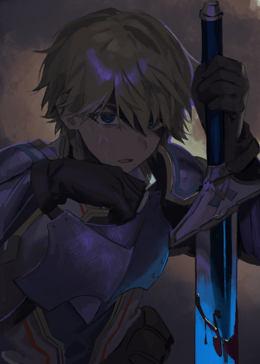 1boy absurdres armor black_gloves blonde_hair blood bloody_weapon blue_eyes brown_background commentary_request ex_albio ex_albio_(1st_costume) gloves highres holding holding_sword holding_weapon knight leaning_forward male_focus muted_color nijisanji short_hair solo sword torino_kawazu upper_body virtual_youtuber weapon wiping_face
