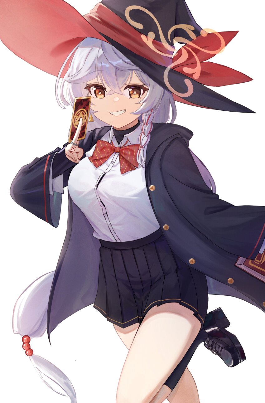1girl absurdres black_gloves black_hat black_jacket black_robe black_shoes black_skirt black_socks blue_archive bow bowtie braid breasts brown_eyes card collared_shirt dress_shirt eri_(blue_archive) fingerless_gloves gloves grey_hair grin hair_between_eyes hakotheboxxx hat highres holding holding_card jacket kneehighs long_hair long_sleeves looking_at_viewer open_clothes open_jacket open_robe pleated_skirt red_bow red_bowtie robe school_uniform shirt shoes simple_background single_braid skirt smile socks solo standing standing_on_one_leg very_long_hair white_background white_hair white_shirt wide_sleeves witch_hat