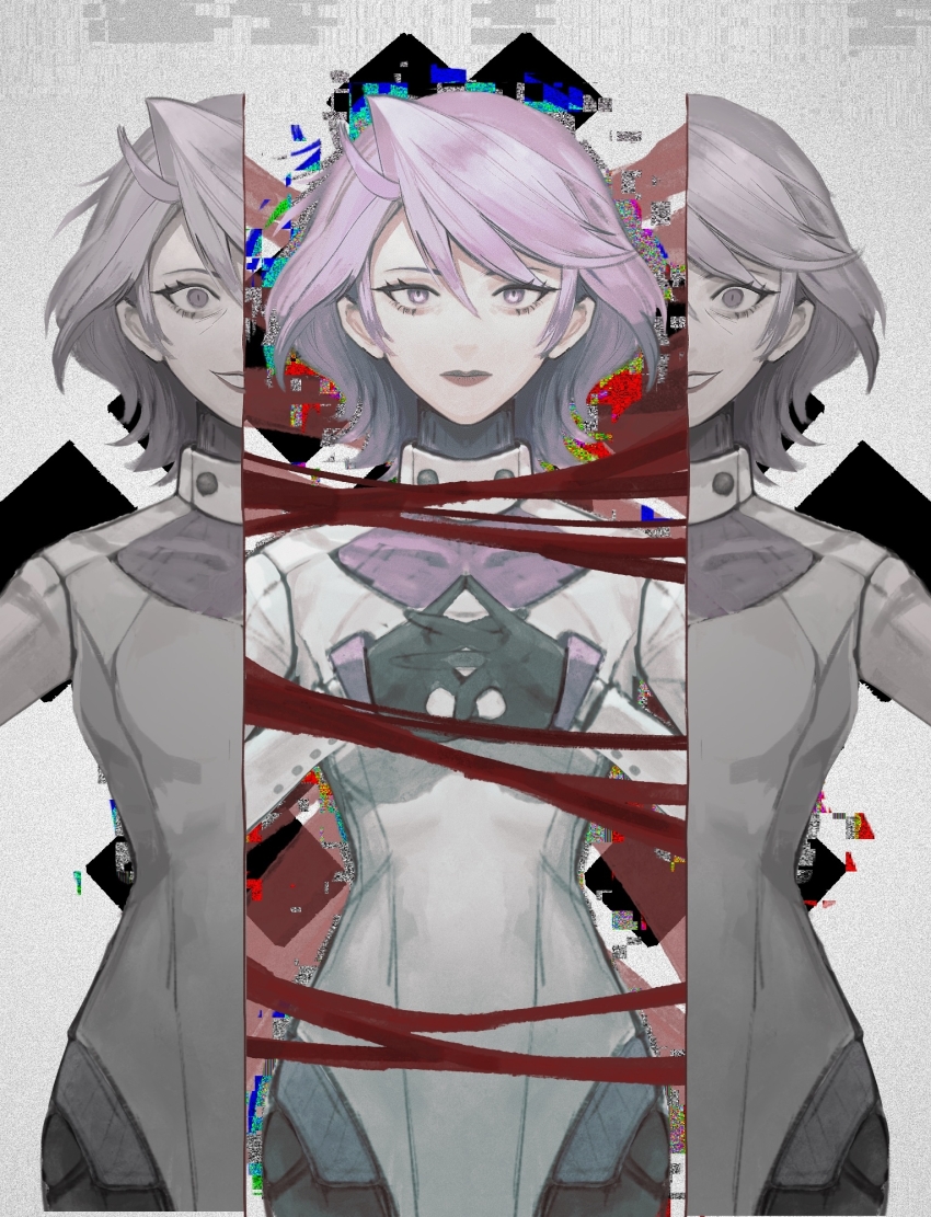 1girl ai_the_somnium_files ai_the_somnium_files:_nirvana_initiative black_gloves blood cowboy_shot dress gloves hands_up highres long_sleeves looking_at_viewer medium_hair natsunoren open_mouth outstretched_arms purple_eyes purple_hair shigure_tokiko smile solo split spoilers straight-on white_dress wide-eyed