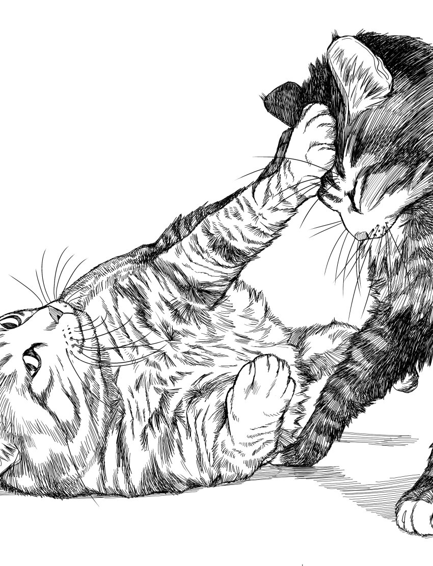 absurdres animal animal_focus cat closed_eyes commentary greyscale highres leaning lying monochrome multiple_cats no_humans on_back original paw_up sat0_manga shadow simple_background striped_fur tabby_cat whiskers white_background