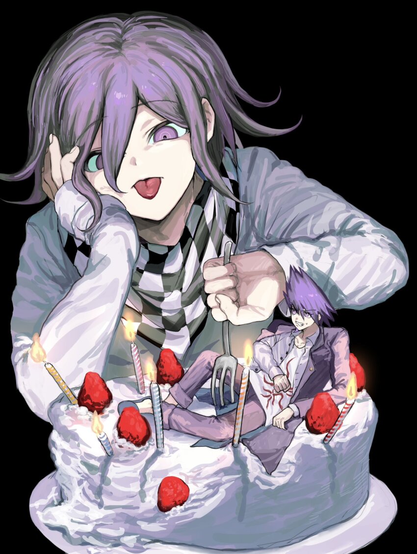 2boys birthday_cake black_background cake candle checkered_clothes checkered_scarf commentary_request danganronpa_(series) danganronpa_v3:_killing_harmony facial_hair flipped_hair food fork fruit goatee hair_between_eyes highres hiro_(h1pvx) holding holding_fork jacket long_sleeves male_focus medium_hair mini_person momota_kaito multiple_boys oma_kokichi open_clothes open_mouth pants purple_eyes purple_facial_hair purple_hair scarf shirt short_hair simple_background spiked_hair strawberry teeth tongue tongue_out two-tone_scarf white_shirt