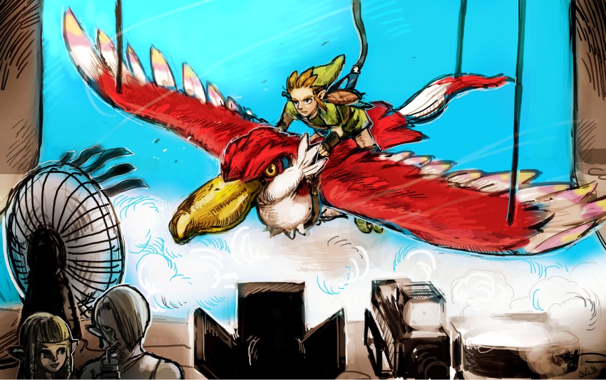 1girl 2boys bird blonde_hair blue_eyes camera earrings electric_fan ghirahim gloves hand_fan hat jewelry link loftwing multiple_boys nintendo pointy_ears princess_zelda shield shield_on_back smile the_legend_of_zelda the_legend_of_zelda:_skyward_sword white_hair yumeshima_sui