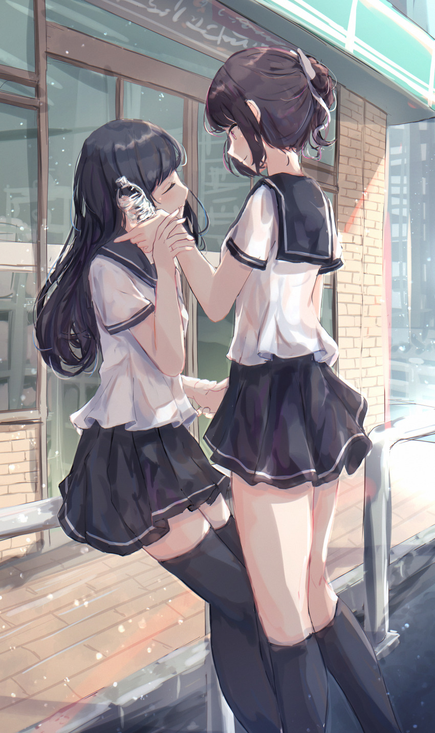 2girls absurdres against_railing bare_legs benevole black_hair black_neckerchief black_sailor_collar black_serafuku black_skirt black_socks black_thighhighs blunt_bangs bottle brown_eyes brown_hair building closed_eyes closed_mouth commentary_request day door feet_out_of_frame from_side glass_door hair_bun hair_ornament hair_over_shoulder hand_on_another&#039;s_face head_tilt highres holding holding_another&#039;s_wrist holding_bottle kneehighs leaning long_hair looking_at_another multiple_girls neckerchief on_railing original outdoors pleated_skirt railing road sailor_collar school_uniform serafuku shirt short_hair sidelocks sidewalk sitting skirt smile socks street swept_bangs thighhighs thighs urban very_long_hair water_bottle white_shirt wide_sleeves window yuri zettai_ryouiki