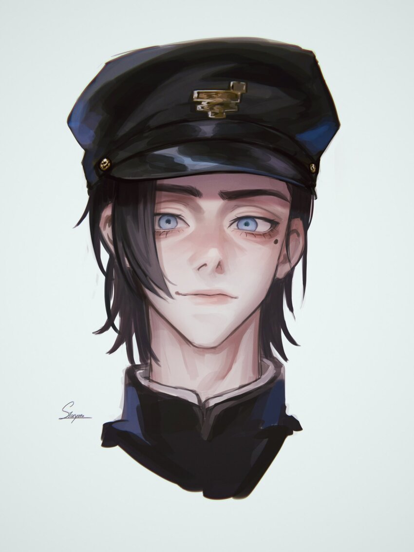 1girl artist_name black_hair blue_eyes chainsaw_man gakuran hat highres iseumi_haruka looking_at_viewer military_hat mole mole_under_eye school_uniform short_hair signature simple_background single_sidelock smile solo staryoruu upper_body white_background