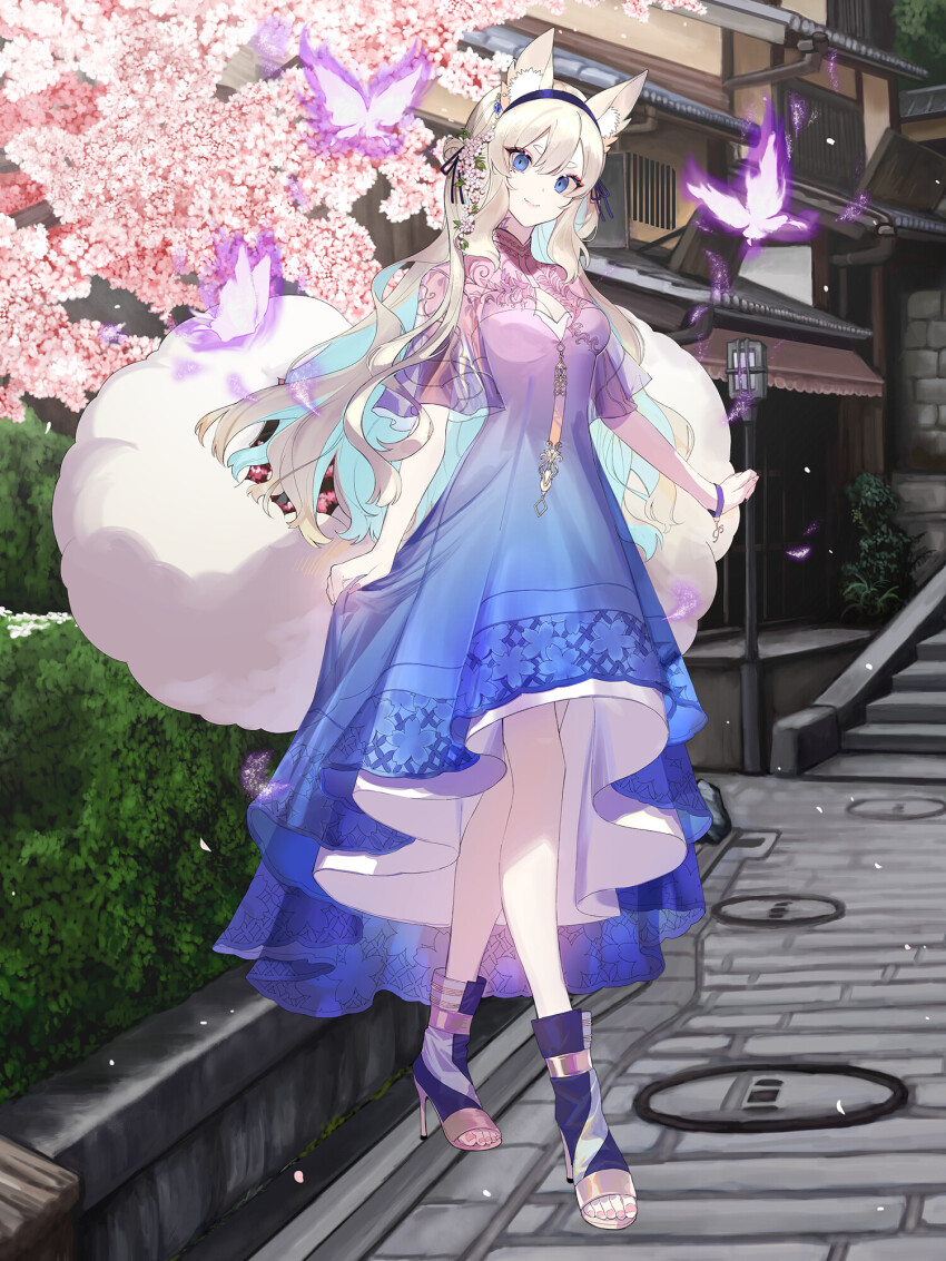 1girl ame_tyaya animal_ears ankle_boots architecture black_hairband black_ribbon blonde_hair blue_dress blue_eyes blue_hair boots bracelet breasts bug building bush butterfly center-flap_bangs cherry_blossom_print cherry_blossoms cleavage cleavage_cutout closed_mouth clothing_cutout colored_inner_hair dairoku_ryouhei double_bun dress east_asian_architecture floral_print flower fox_ears fox_girl fox_tail full_body glowing_butterfly gradient_clothes gradient_dress hair_between_eyes hair_bun hair_flower hair_ornament hair_ribbon hairband high-low_dress high_heel_boots high_heels highres insect jewelry layered_dress long_hair mandarin_collar multicolored_hair multiple_tails nail_polish open-toe_boots pink_dress pink_flower pink_nails purple_boots purple_butterfly ribbon see-through_clothes see-through_sleeves short_eyebrows short_sleeves skirt_hold solo stairs standing tail toenail_polish toenails two_tails very_long_hair wavy_hair