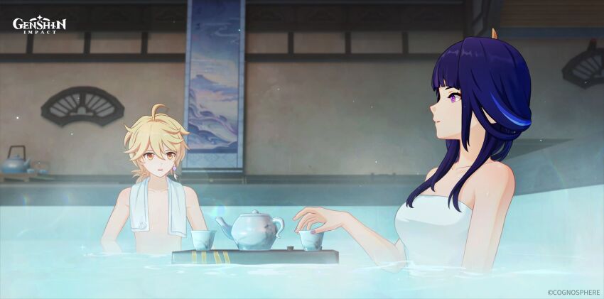 1boy 1girl aether_(genshin_impact) ahoge bathing blonde_hair breasts genshin_impact hair_between_eyes hair_ornament highres long_hair naked_towel official_alternate_hairstyle official_art onsen open_mouth partially_submerged purple_eyes purple_hair raiden_shogun shared_bathing tea tea_set towel water yellow_eyes