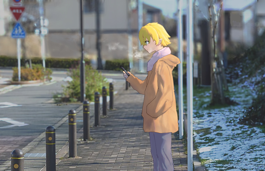 1girl alternate_costume blonde_hair breath brown_coat closed_mouth coat commentary_request cookie_(touhou) expressionless feet_out_of_frame green_eyes grey_pants highres holding holding_phone joker_(cookie) mizuhashi_parsee outdoors pants pedestrians_only_sign phone photo_background pointy_ears profile road_sign scarf short_hair sign snow solo standing stop_sign touhou white_scarf whiterolo winter