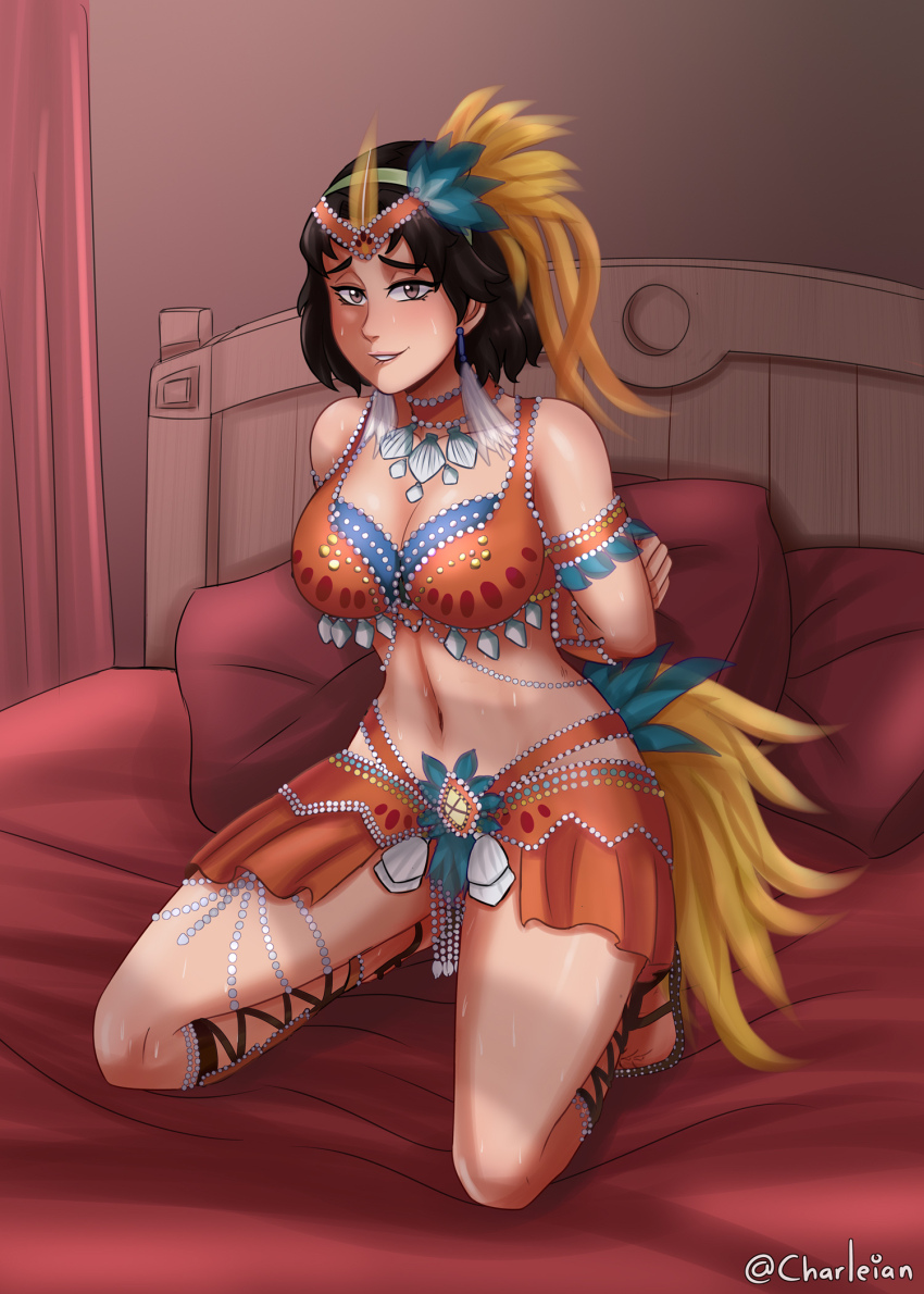 1girl arms_behind_back bed blush breasts carnaval_do_brasil carnival charleian cleavage curtains earrings feathers hair_ornament highres jewelry midriff monster_hunter:_world monster_hunter_(series) navel pelvic_curtain pillow serious_handler short_hair solo sweat