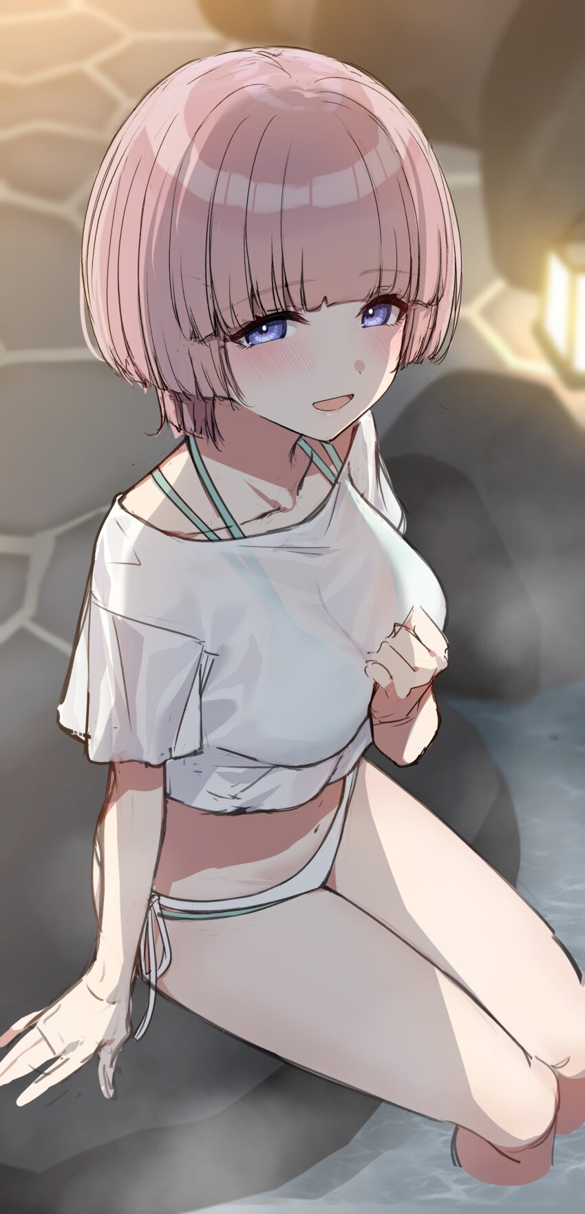1girl :d absurdres arimura_mao bikini bikini_under_clothes blunt_bangs breasts commentary_request foot_bath gakuen_idolmaster go-1 highres idolmaster lantern large_breasts looking_at_viewer navel onsen open_mouth pink_hair purple_eyes see-through_clothes shirt short_hair sitting smile solo swimsuit t-shirt thighs water white_shirt