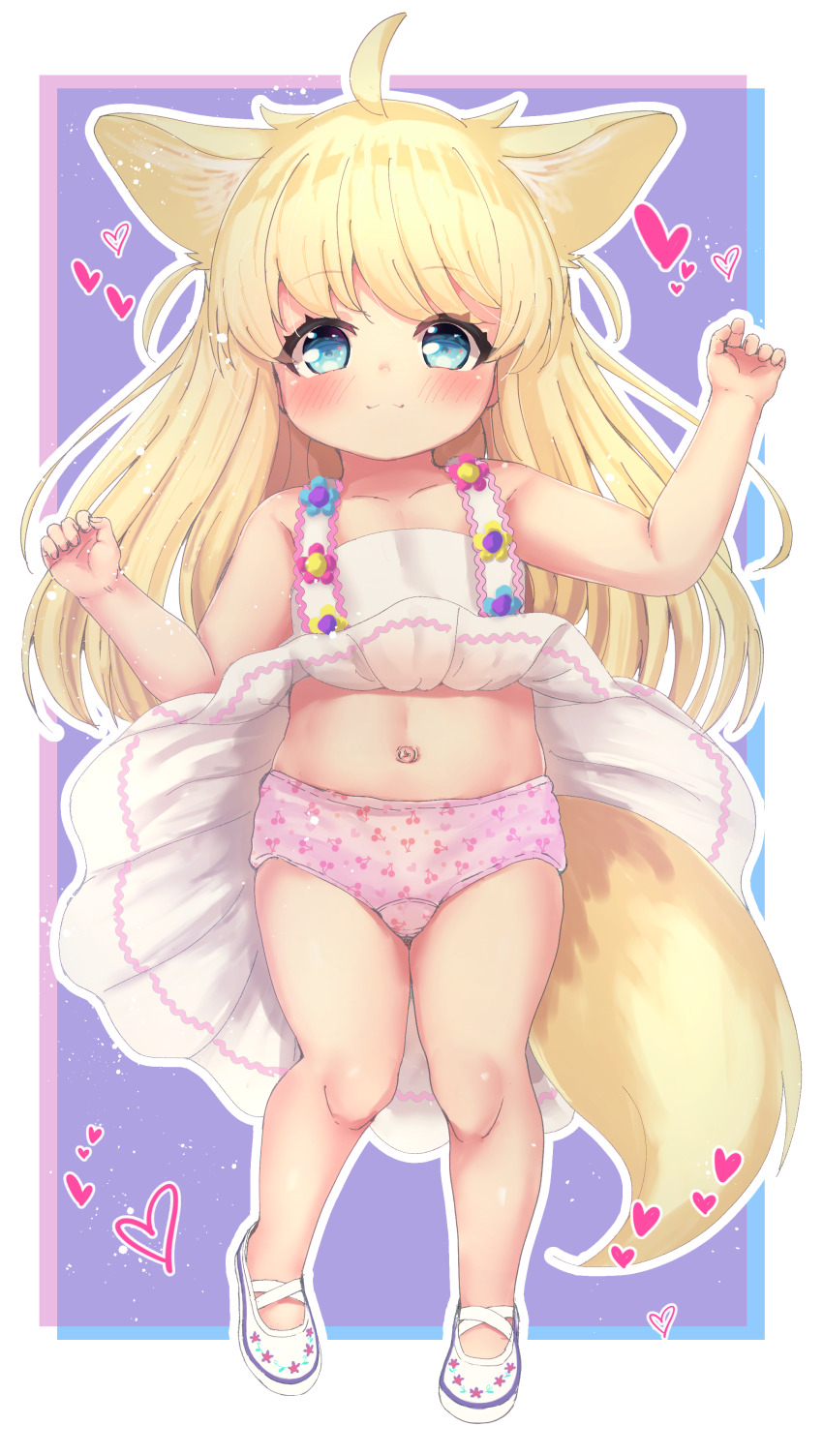 1girl absurdres ahoge animal_ear_fluff animal_ears blonde_hair blue_eyes blush border chrocatz closed_mouth clothes_lift commission dress dress_lift flat_chest fox_ears fox_girl fox_tail full_body hands_up highres loli long_hair navel original outline outside_border panties pink_panties pixiv_commission purple_background revision shoes smile solo sundress tail thighs underwear white_border white_dress white_outline white_shoes wind wind_lift