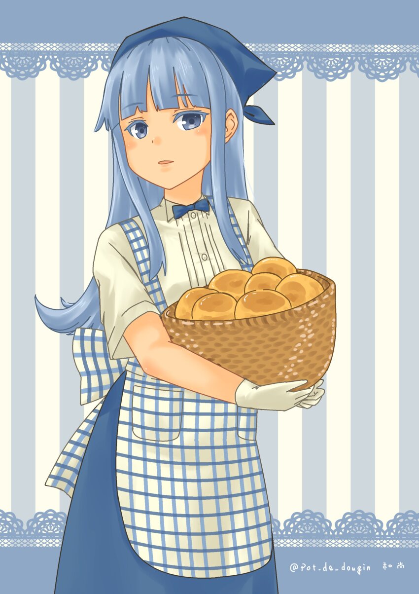 1girl absurdres alternate_costume apron basket blue_apron blue_background blue_bow blue_bowtie blue_headscarf blue_skirt blush bow bowtie bread checkered_apron checkered_clothes cowboy_shot food gingham gingham_apron gloves hatsukaze_(kancolle) headscarf high-waist_skirt highres holding holding_basket kantai_collection kobeya_uniform long_hair looking_at_viewer plaid_apron plaid_clothes pleated_shirt pot-de shirt short_sleeves skirt solo striped_background twitter_username waitress white_background white_gloves white_shirt