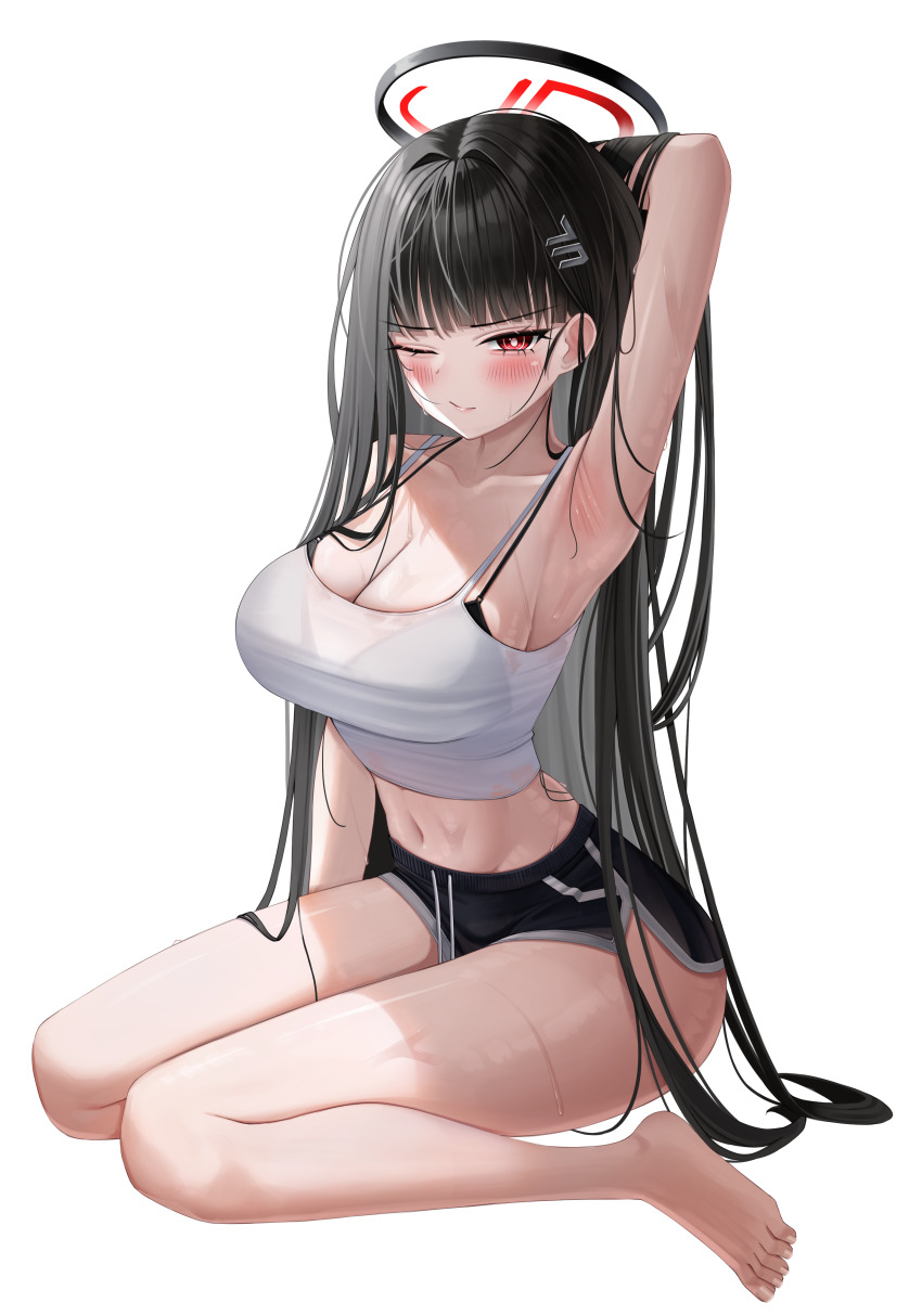 1girl absurdres alternate_costume arm_behind_head arm_up armpits barefoot black_bra black_hair black_halo black_shorts blue_archive blunt_bangs blush bra bra_peek bra_strap breasts camisole cleavage closed_mouth commentary dolphin_shorts feet full_body hair_intakes hair_ornament hairclip halo highres hsxxx large_breasts long_hair looking_at_viewer midriff navel one_eye_closed presenting_armpit red_eyes rio_(blue_archive) shorts sitting solo straight_hair sweat thighs toes transparent_background underwear very_long_hair wariza white_camisole