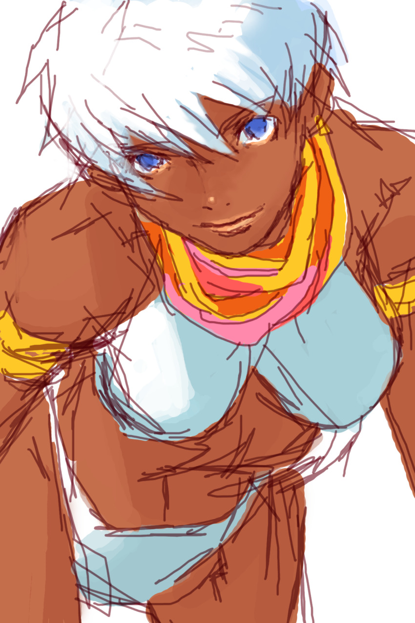 1girl anklet armlet barefoot bikini blue_eyes bracelet breasts calflet concept_art dark-skinned_female dark_skin earrings elena_(street_fighter) facing_viewer game_cg highres jewelry leaning_forward looking_at_viewer neck_ring nishimura_kinu non-web_source official_art short_hair simple_background solo street_fighter street_fighter_iii_(series) swimsuit toned toned_female white_background white_hair