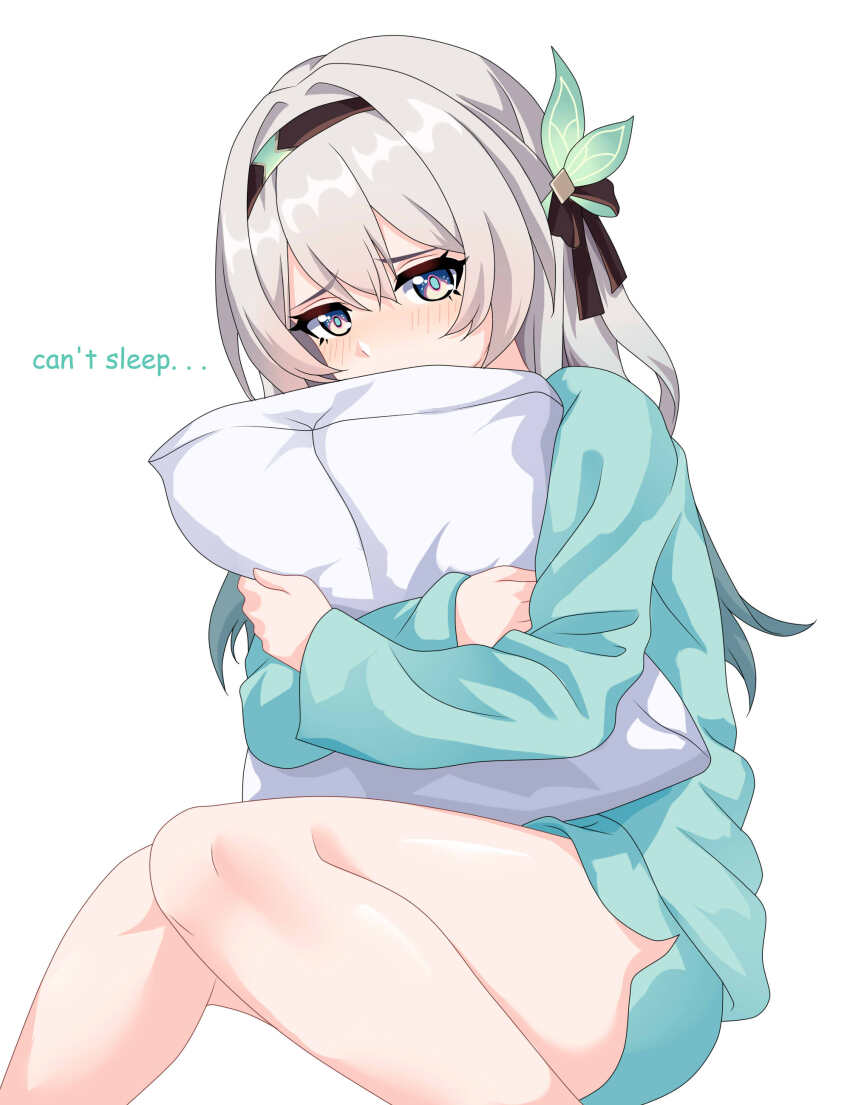 1girl absurdres alternate_costume black_hairband blue_eyes commentary english_commentary feet_out_of_frame firefly_(honkai:_star_rail) green_shirt green_shorts grey_hair hair_between_eyes hair_intakes hair_ornament hairband highres honkai:_star_rail honkai_(series) hugging_object long_sleeves looking_at_viewer maxwelzy pillow pillow_hug shirt shorts simple_background sleepwear white_background