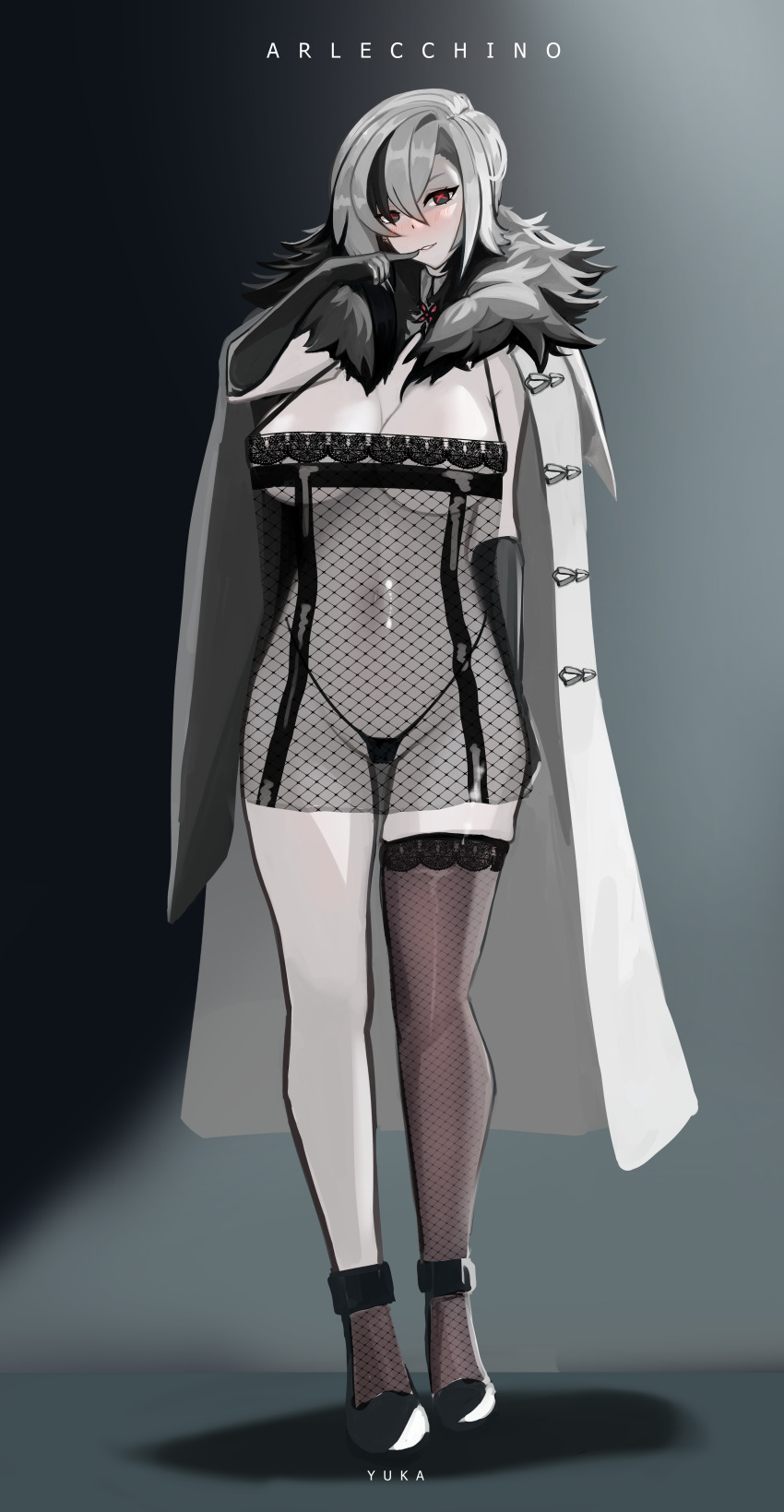 1girl absurdres arlecchino_(genshin_impact) bikini black_gloves black_hair breasts brown_thighhighs cleavage coat elbow_gloves eyebrows_hidden_by_hair fishnets genshin_impact gloves grey_hair hair_between_eyes highres large_breasts looking_at_viewer multicolored_hair red_eyes short_hair skirt solo standing swimsuit thighhighs yuka_1503