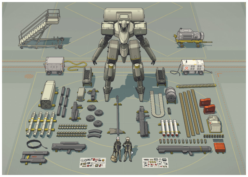 1boy 1girl ammunition ammunition_belt axe bag blonde_hair dithering equipment_layout generator mecha missiles multishot_rocket_launcher original pc-98_(style) pilot_suit pixel_art robot rocket_launcher stairs w_a_v_e weapon