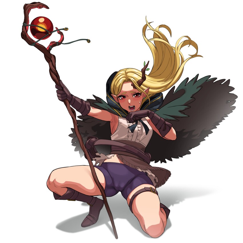 1girl :o armpits arms_up belt belt_around_waist belt_buckle belt_pouch bike_shorts blonde_hair blue_hood blush boots breasts brown_belt brown_boots brown_gloves brown_horns brown_sash brown_skirt buckle cameltoe cape commentary commission crotch curled_fingers curtained_hair earrings elf embarrassed english_commentary fantasy floating_cape floating_clothes floating_hair flustered forehead frilled_shirt frilled_skirt frills fringe_trim fur_cape furrowed_brow gloves gold_trim green_cape green_ribbon hair_behind_ear half-closed_eyes half-skirt hand_on_own_chin head_tilt high-waist_skirt highres holding holding_staff hood hooded_cape horns invisible_floor jewelry knee_boots knees large_ears leaf leaning_back leather leather_belt leather_boots leather_gloves legs_apart long_eyelashes long_hair looking_at_viewer loose_belt mage_staff medium_breasts microskirt midriff_peek narrowed_eyes nervous_sweating on_one_knee open_mouth orb original outstretched_arm parted_bangs parted_hair pointy_ears pouch purple_shorts raised_inner_eyebrows red_eyes ribbon samba_master sash shadow shirt short_shorts shorts sideboob single_earring single_horn skin_tight skindentation skirt sleeveless sleeveless_shirt solo staff sweat sweatdrop teeth thick_eyebrows thick_eyelashes thigh_belt thigh_strap thighs tight_clothes torn_clothes torn_shirt tree_horns tsurime underbust very_long_hair waist_sash white_background white_shirt wooden_staff