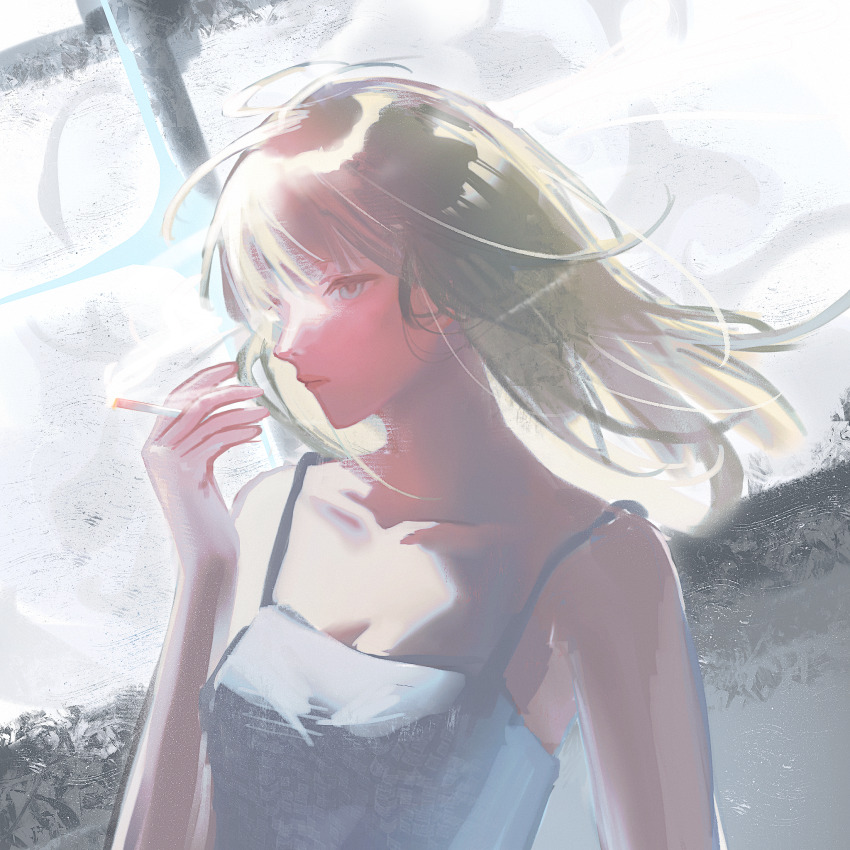 1girl blonde_hair blue_eyes breasts camisole chinese_commentary cigarette cleavage closed_mouth collarbone commentary_request disco_elysium film_grain floating_hair grey_camisole hand_up highres holding holding_cigarette klaasje_amandou shuimian_feixing smoke solo spaghetti_strap upper_body