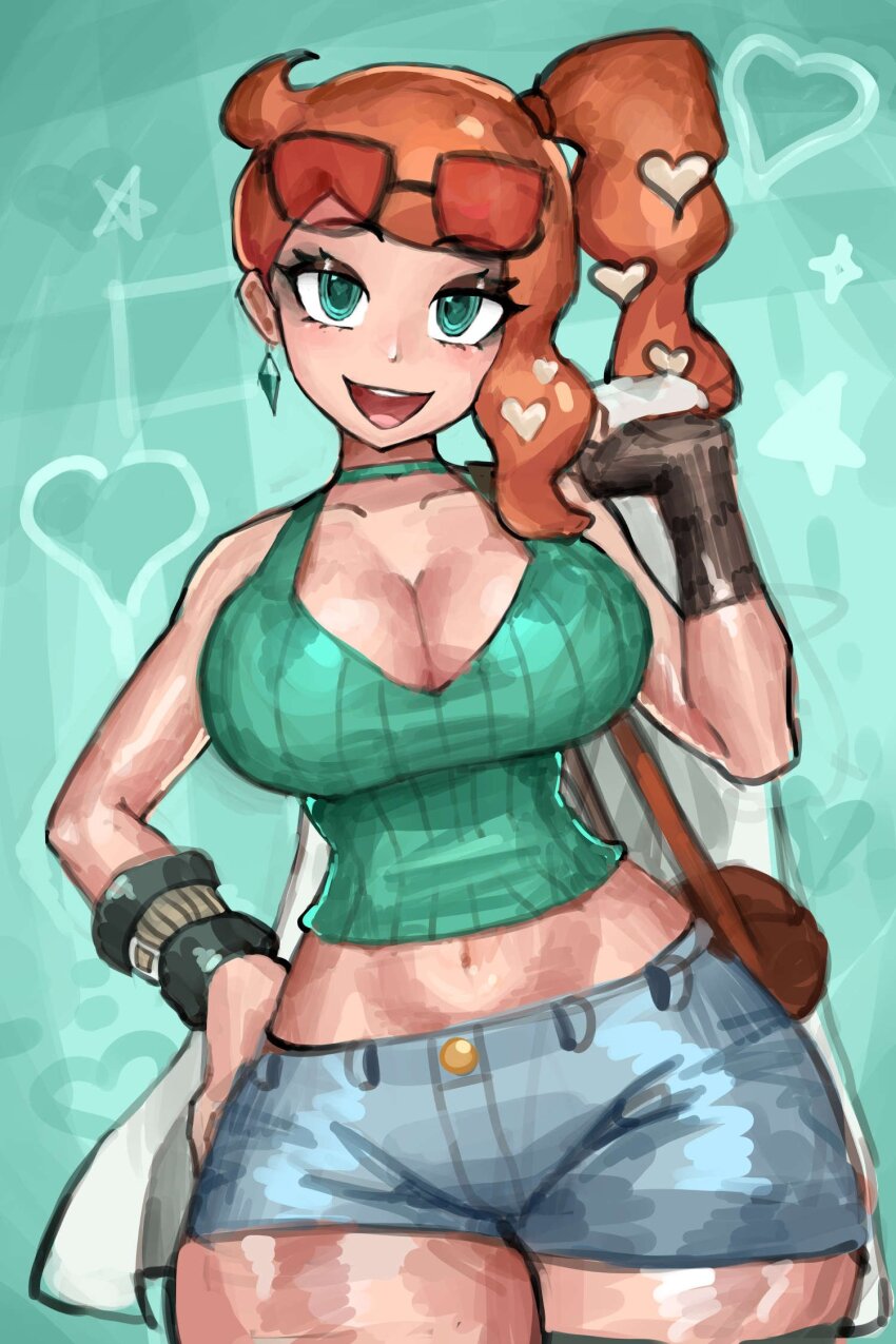 1girl alternate_breast_size aqua_eyes aqua_shirt black-framed_eyewear breasts choker collarbone crop_top curvy diamond_(shape) eyewear_on_head gloves green_eyes hair_ornament heart heart_hair_ornament highres long_hair looking_at_viewer nintendo no_coat open_mouth orange-tinted_eyewear orange_hair pokemon pokemon_swsh ribbed_shirt saiykik shiny_skin shirt shorts side_ponytail smile solo sonia_(pokemon) sunglasses swept_bangs thick_thighs thighs tinted_eyewear v-neck wide_hips