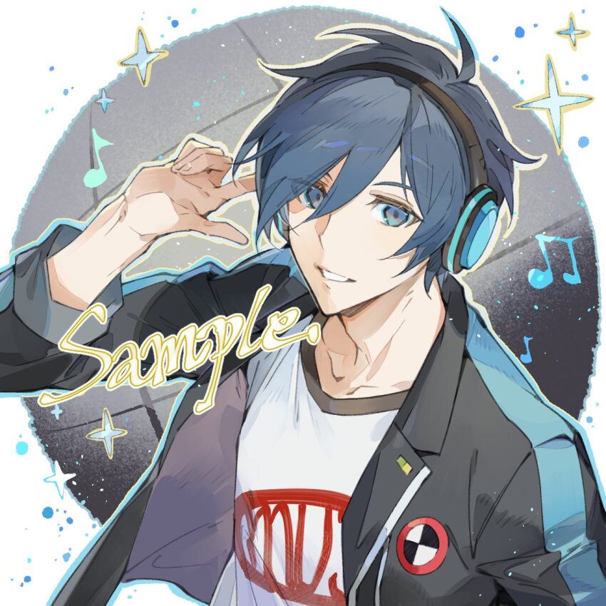 black_jacket blue_eyes blue_hair disco_ball hair_between_eyes headphones jacket looking_at_viewer musical_note official_alternate_costume open_clothes open_jacket open_mouth persona persona_3:_dancing_moon_night persona_dancing print_shirt sample_watermark shirt smile sparkle upper_body watermark white_shirt xing_20 yuuki_makoto_(persona_3)