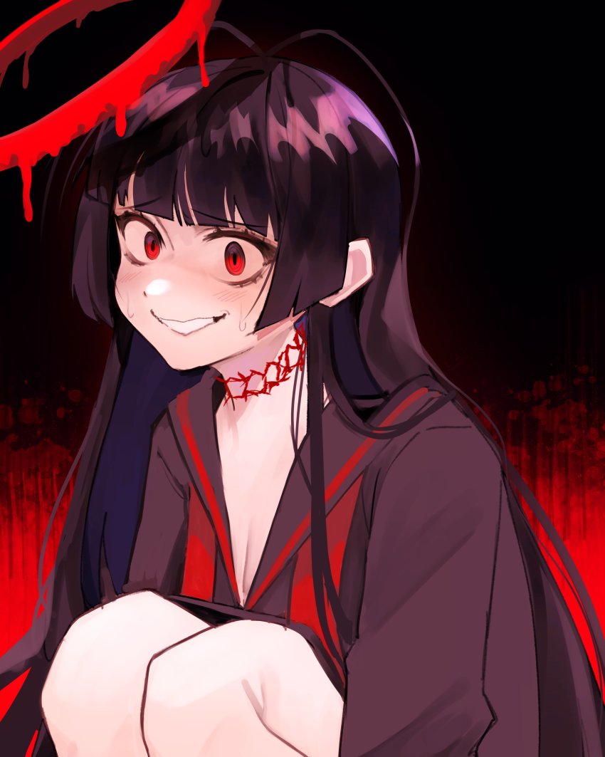 1girl absurdres black_background black_hair blue_archive blunt_bangs blush breasts choker cleavage commentary halo highres kumaartsu long_hair looking_at_viewer red_background red_eyes smile solo sweatdrop tsurugi_(blue_archive) very_long_hair wavy_mouth