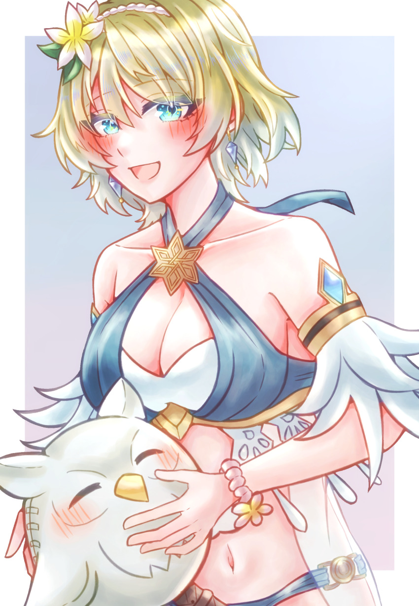1girl absurdres ball beachball bikini blonde_hair blue_bikini blue_eyes blue_hair blush breasts character_ball cleavage commentary_request earrings feh_(fire_emblem_heroes) fire_emblem fire_emblem_heroes fjorm_(fire_emblem) fjorm_(summer)_(fire_emblem) gradient_hair highres jewelry large_breasts looking_at_viewer multicolored_hair navel nintendo official_alternate_costume open_mouth short_hair smile solo stomach swimsuit two-tone_hair yuria0322