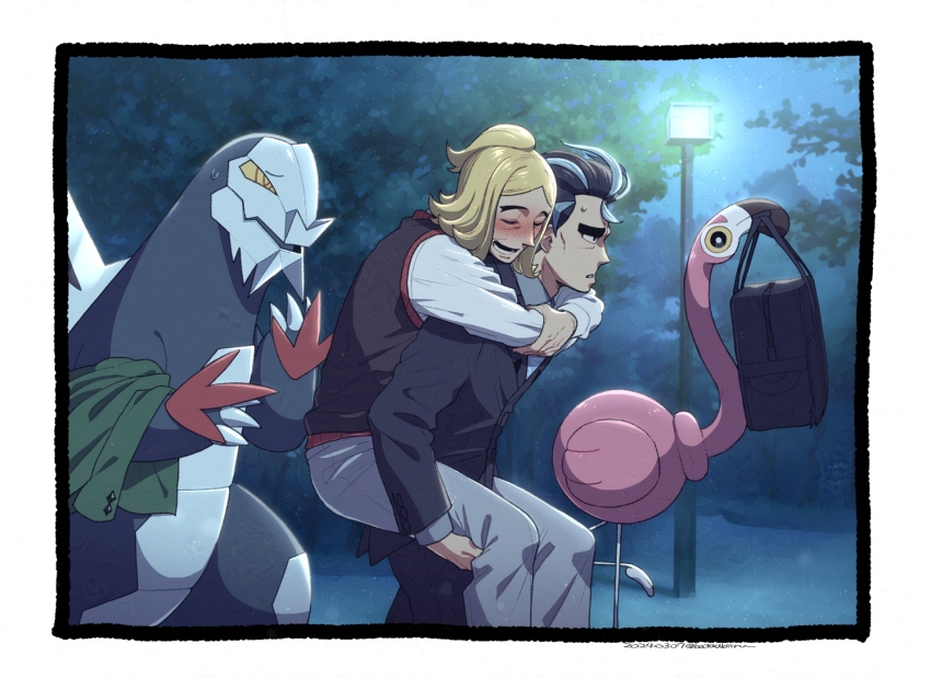 2boys bag batabiru baxcalibur black_hair black_pants black_suit black_sweater_vest blonde_hair carrying closed_eyes coat collared_shirt dated drunk flamigo formal_clothes green_jacket grey_hair grey_shirt hassel_(pokemon) highres holding holding_bag holding_coat holding_unworn_clothes jacket lamppost larry_(pokemon) long_sleeves male_focus medium_hair multicolored_hair multiple_boys necktie night nintendo outdoors pants parted_bangs piggyback pokemon pokemon_(creature) pokemon_sv red_necktie shirt short_hair small_sweatdrop streaked_hair suit suit_jacket sweater_vest thick_eyebrows twitter_username two-tone_hair unworn_coat
