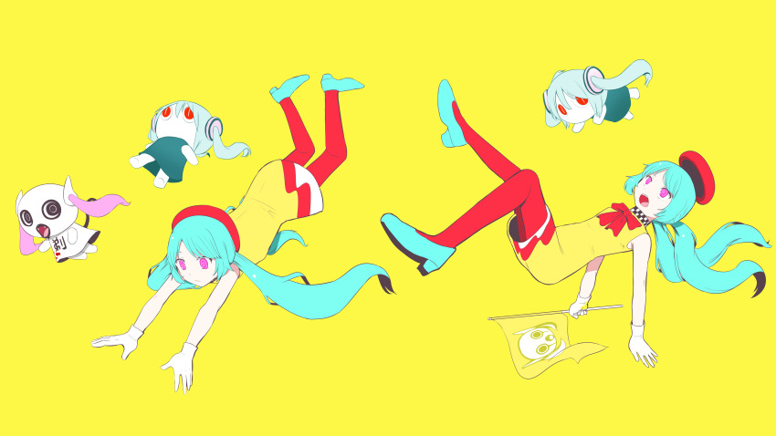 3girls absurdres aimaina alternate_costume aqua_hair blue_hair bow doushite-chan dress full_body hatsune_miku highres low_twintails mei_mei_(vocaloid) multiple_girls multiple_views official_art pink_eyes pinocchio-p red_bow red_headwear song_request twintails vocaloid yellow_background yellow_dress