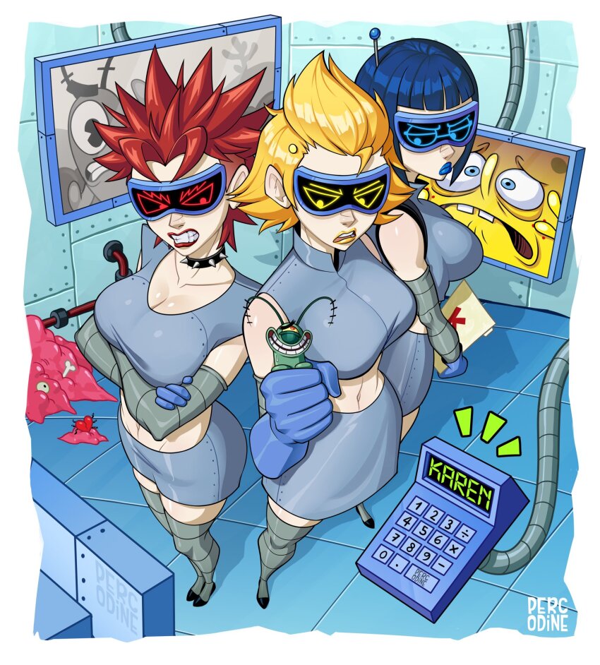 3girls artist_name blonde_hair blue_gloves blue_hair bob_cut calculator crop_top crossed_arms evil_karen gloves grey_shirt grey_skirt head-mounted_display highres humanization indoors karen_(spongebob) midriff multiple_girls percodine plankton:_the_movie plankton_(spongebob) red_hair shirt short_hair skirt sleeveless sleeveless_shirt smart_karen snarky_karen spiked_hair spongebob_squarepants spongebob_squarepants_(series) standing television