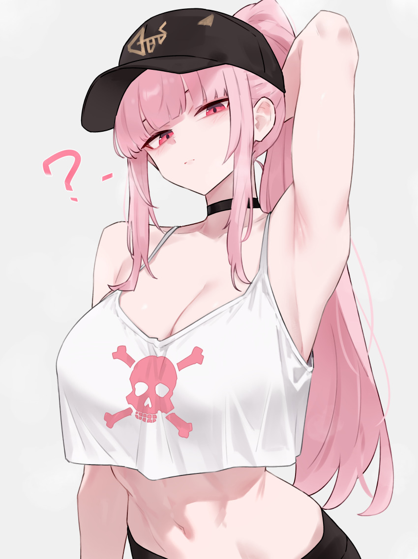 1girl ? absurdres arm_behind_head arm_up armpits bare_arms baseball_cap black_choker black_hat black_pants black_shorts bluefield blunt_bangs breasts choker cleavage commentary crop_top crop_top_overhang expressionless grey_background hat highres hololive hololive_english large_breasts long_hair looking_at_viewer midriff mori_calliope mori_calliope_(streetwear) navel official_alternate_costume pants pink_eyes pink_hair presenting_armpit shorts sidelocks simple_background skull_and_crossbones skull_print solo stomach straight_hair tank_top very_long_hair virtual_youtuber white_tank_top