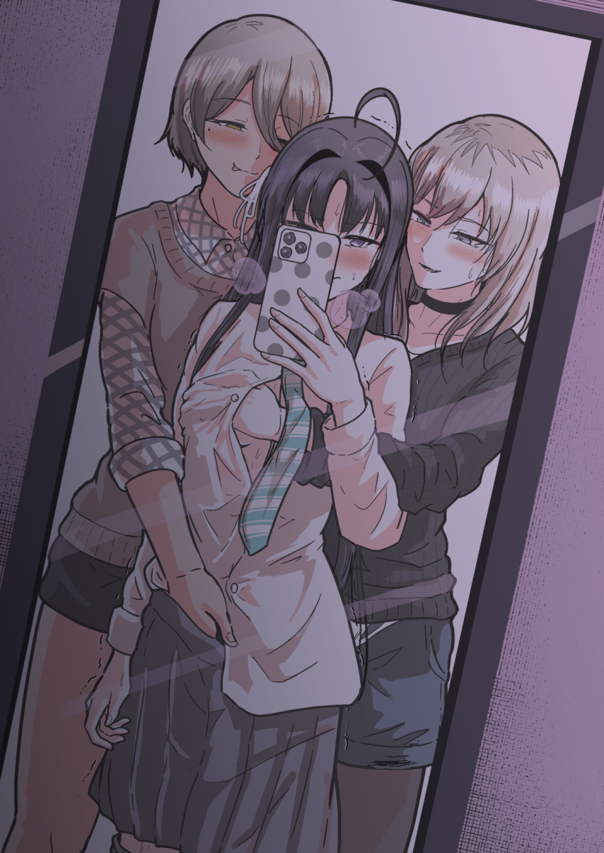 3girls 5tb ahoge awa_subaru black_choker black_hair black_pantyhose black_shorts black_sweater blue_necktie blue_shorts blush breasts brown_eyes brown_hair brown_sweater_vest cellphone choker closed_mouth collarbone collared_shirt commentary_request diagonal-striped_clothes diagonal-striped_necktie dress_shirt girls_band_cry grey_eyes grey_hair grey_shirt grey_skirt groping hair_between_eyes hair_intakes hair_ribbon hand_in_another&#039;s_skirt heavy_breathing highres holding holding_phone kawaragi_momoka long_hair long_hair_between_eyes long_sleeves medium_breasts mirror_selfie mole mole_under_eye multicolored_hair multiple_girls necktie open_mouth pantyhose pantyhose_under_shorts parted_bangs partially_unbuttoned phone plaid_clothes plaid_shirt pleated_skirt polyamory polygamy ribbon roots_(hair) rupa_(girls_band_cry) school_uniform selfie shirt shirt_partially_tucked_in shorts sidelocks skirt smartphone striped_clothes sweat sweater sweater_vest three-quarter_sleeves tongue tongue_out trembling white_ribbon white_shirt yuri