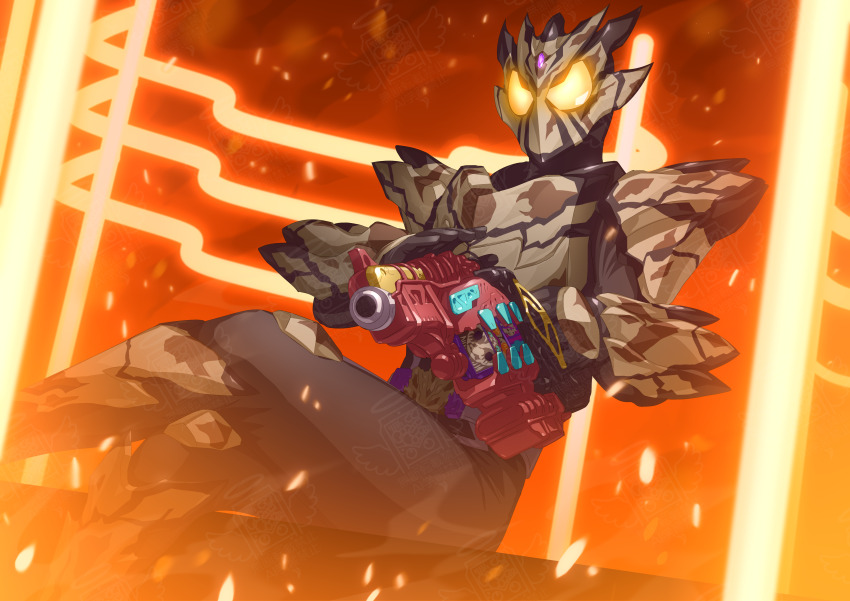 1boy absurdres armor boots character_request commentary_request gauntlets glowing glowing_eyes gochizo gun halo highres holding holding_gun holding_weapon kamen_rider kamen_rider_bake kamen_rider_gavv_(series) otokamu rider_belt watermark weapon