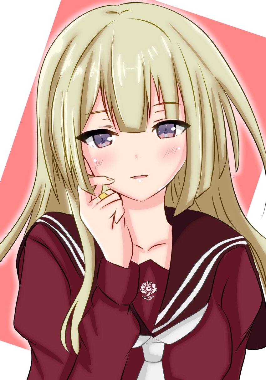 1girl arm_at_side assault_lily blonde_hair blunt_bangs blush brown_sailor_collar commentary_request ebisu_nobu hand_on_own_cheek hand_on_own_face hand_up highres jewelry kanba_girls_high_school_uniform light_smile long_sleeves looking_at_viewer miyagawa_takane neckerchief parted_lips purple_eyes rectangle red_background red_shirt ring sailor_collar school_uniform serafuku shirt single_sidelock solo two-tone_background upper_body white_background white_neckerchief