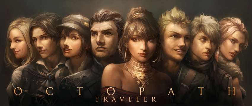 4boys 4girls alfyn_(octopath_traveler) ascot bare_shoulders belt black_hair black_headwear blonde_hair brooch brown_eyes copyright_name cyrus_(octopath_traveler) earrings everyone feather_earrings feathers grey_background grey_eyes h&#039;aanit_(octopath_traveler) hat highres hoop_earrings htanjo jewelry lipstick long_hair looking_at_viewer makeup mole mole_under_eye multicolored_hair multiple_boys multiple_girls necklace octopath_traveler octopath_traveler_i olberic_eisenberg ophilia_(octopath_traveler) parted_lips pink_hair ponytail primrose_azelhart realistic scar short_hair simple_background smile streaked_hair therion_(octopath_traveler) tressa_(octopath_traveler) white_ascot white_hair
