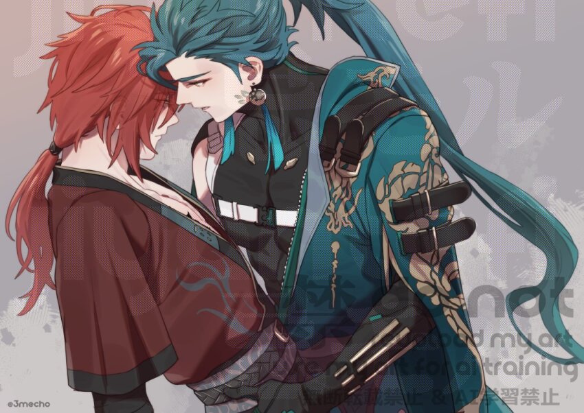 2boys artist_name black_gloves black_shirt blue_coat blue_hair chest_harness closed_mouth coat commentary_request compression_shirt covered_collarbone earrings emu_(3mecho) eyeshadow gloves grey_background hand_on_another&#039;s_waist harness high_ponytail jewelry jiyan_(wuthering_waves) long_hair long_sleeves looking_at_another low_ponytail makeup male_focus mortefi_(wuthering_waves) multiple_boys open_mouth pectorals ponytail red_eyeshadow red_hair red_shirt sash shirt short_sleeves tacet_mark_(wuthering_waves) tassel tassel_earrings twitter_username very_long_hair watermark wuthering_waves yaoi yellow_eyes