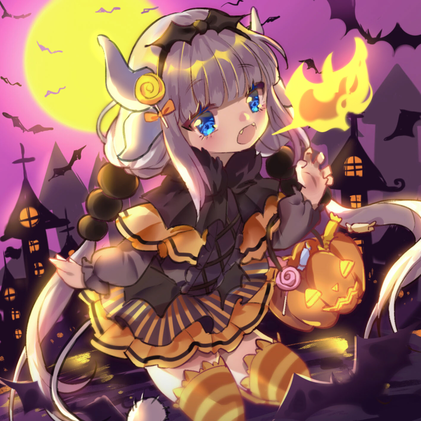 1girl bats fangs fire halloween highres horns kanna_kamui kobayashi-san_chi_no_maidragon moon striped_legwear tail trick_or_treat twintails yuzhi