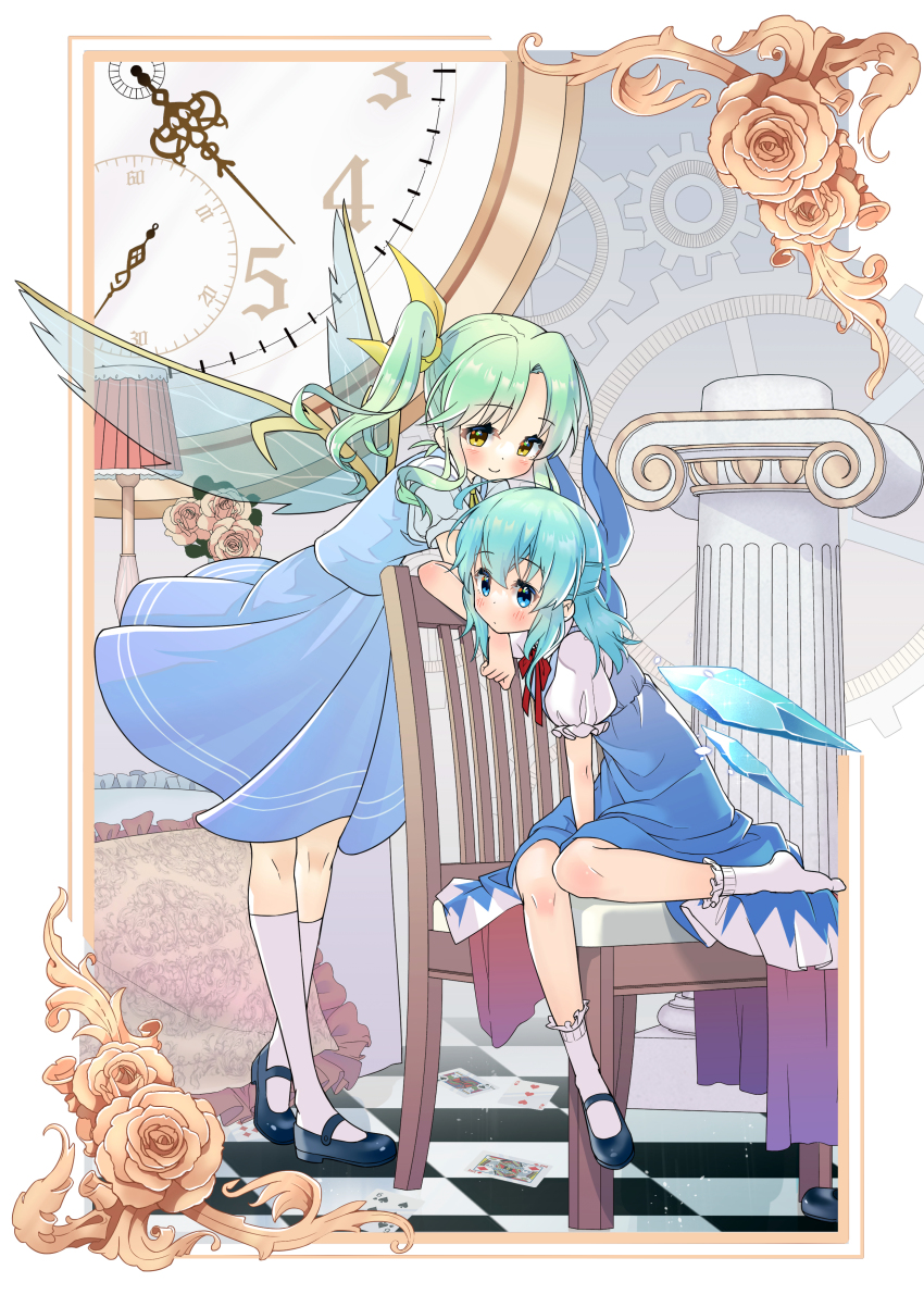 2girls absurdres arm_support black_footwear blue_bow blue_dress blue_eyes blue_hair blush bow card chair checkered_floor chinese_commentary cirno closed_mouth column commentary_request daiyousei detached_wings dress fairy_wings flower framed full_body gears green_hair hair_between_eyes hair_bow head_rest highres ice ice_wings jack_(playing_card) jack_of_spades king_(playing_card) king_of_diamonds kneehighs lampshade leaf leaning_forward long_hair looking_at_viewer mary_janes medium_hair multiple_girls neck_ribbon neckerchief on_chair one_side_up pillar pillow playing_card puffy_short_sleeves puffy_sleeves red_neckerchief ribbon rose seven_of_diamonds shirt shoes short_sleeves sitting six_of_spades smile socks three_of_hearts touhou unworn_shoe unworn_shoes white_flower white_rose white_shirt white_socks wings wuzeiiezuw yellow_eyes yellow_ribbon