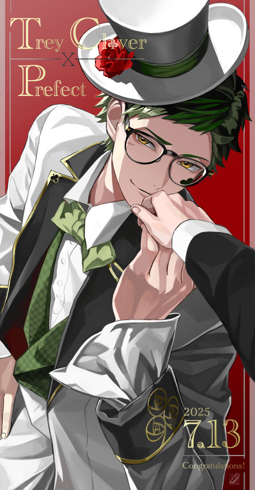 1boy 1other absurdres bow bowtie chikuwa_glasses commentary_request formal_clothes glasses green_bow green_bowtie green_hair hand_on_own_hip hat highres holding_hands kiss kissing_hand looking_at_viewer pov red_background short_hair smile suit top_hat trey_clover twisted_wonderland white_suit yellow_eyes yuu_(twisted_wonderland)