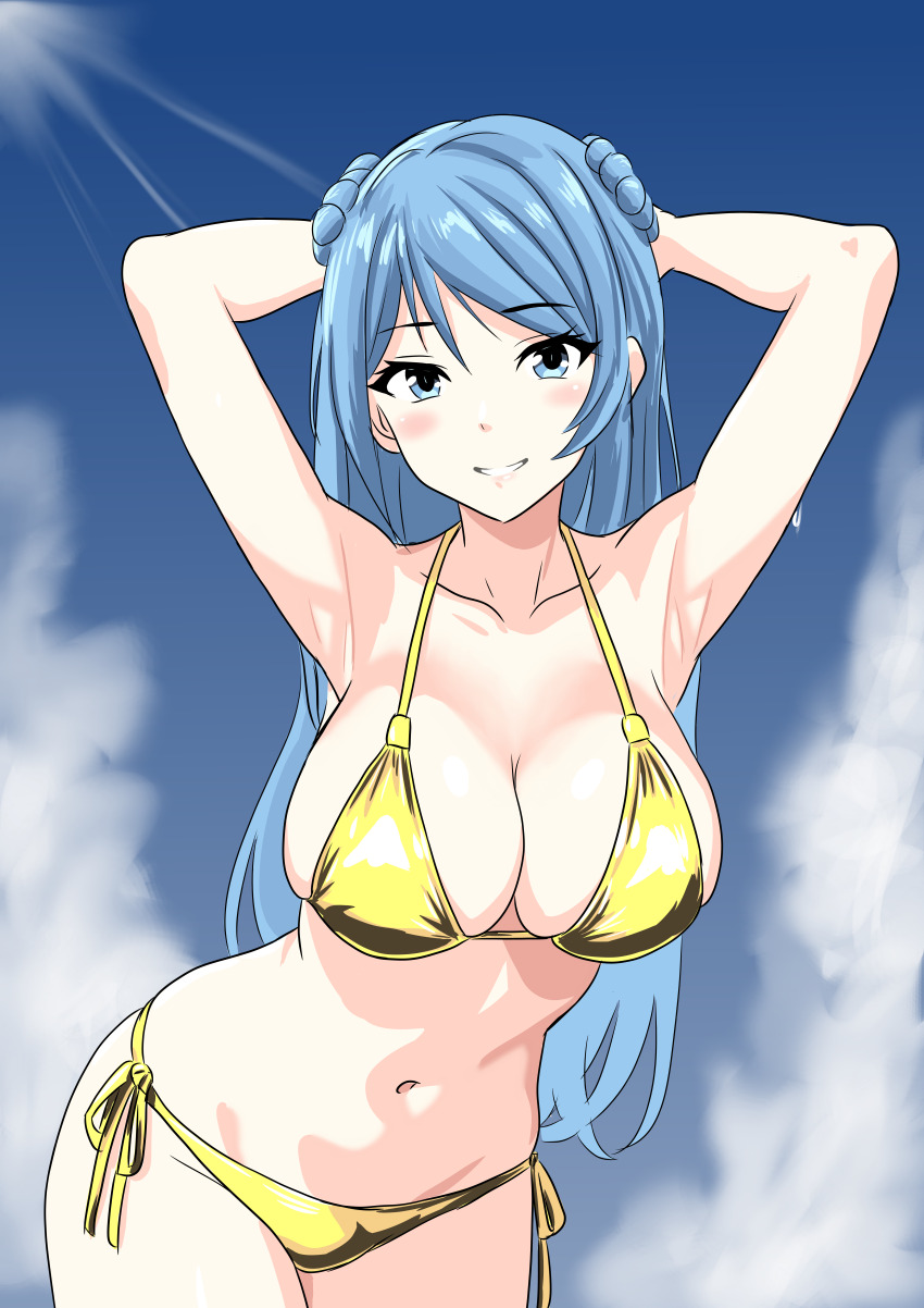 1girl absurdres armpits arms_behind_head bikini blue_eyes blue_hair blue_sky bone_namu(namu49850) breasts cleavage cloud collarbone donut_hair_bun double_bun gold_bikini hair_bun highres kantai_collection large_breasts long_hair navel side-tie_bikini_bottom sky solo swimsuit urakaze_(kancolle)