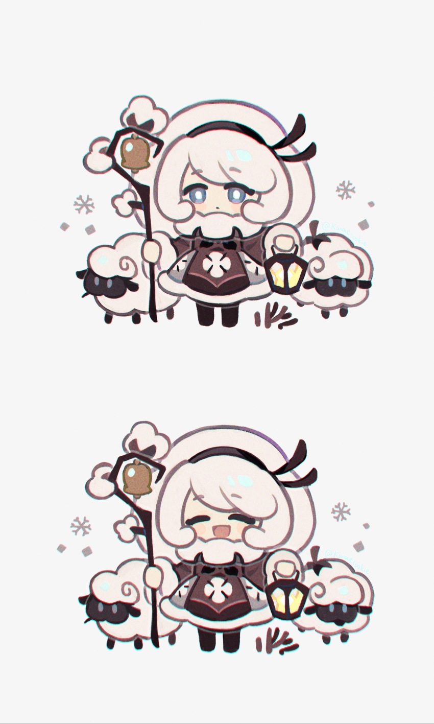 1girl absurdres bell black_footwear black_hairband blue_eyes brown_dress closed_eyes cookie_run cookie_run:_kingdom cotton_cookie dress hairband highres holding holding_staff kanae_(cookie) long_hair multiple_views open_mouth shepherd shoes sidelocks simple_background smile staff white_background white_hair