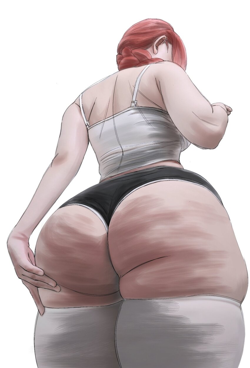 1girl ass bare_shoulders black_shorts breasts casual cellulite chainsaw_man commentary cosplay crop_top dolphin_shorts english_commentary female_focus highres huge_ass lets_lam3nt long_hair low-braided_long_hair low-tied_long_hair low_ponytail makima_(chainsaw_man) makima_(chainsaw_man)_(cosplay) medium_breasts narrow_waist peachuu244 ponytail real_life red_hair reference_work shirt shorts sidelocks solo taut_clothes thick_thighs thighhighs thighs white_shirt white_thighhighs wide_hips zeon_(zzeeonn)