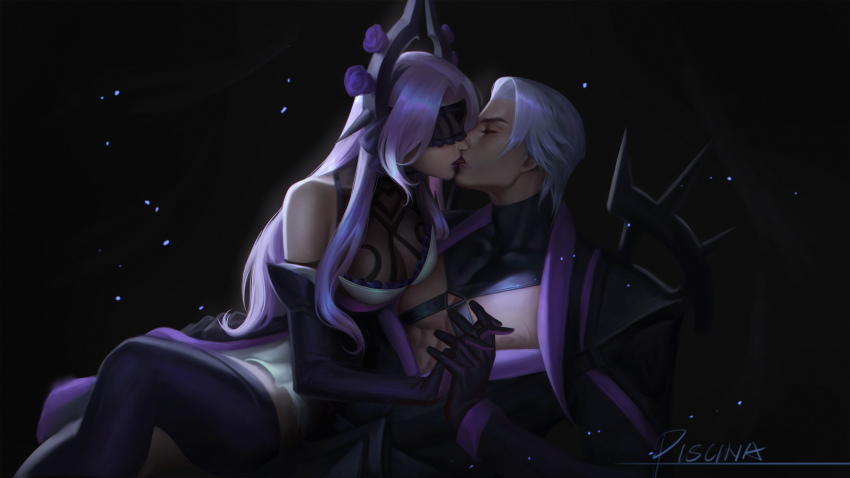 1boy 1girl abs absurdres artist_name black_background black_blindfold black_gloves blindfold breasts cleavage commentary elbow_gloves english_commentary gloves headpiece hetero highres holding_hands league_of_legends medium_breasts nipples pectorals piscina syndra tongue tongue_out triangle_ring white_hair zed_(league_of_legends)