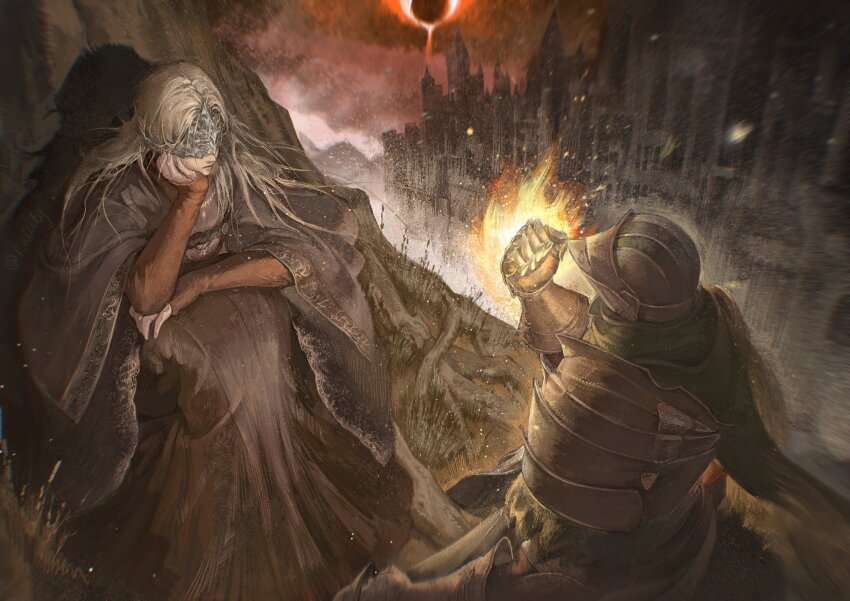 1girl 1other ambiguous_gender architecture armor ashen_one_(dark_souls) black_dress capelet clenched_hand cloak commentary covered_eyes dark_souls_(series) dark_souls_iii dress eclipse english_commentary eye_mask fire_keeper full_armor hand_on_own_cheek hand_on_own_face helmet highres knight kwiaty_k long_hair mask red_sky sitting sky solar_eclipse