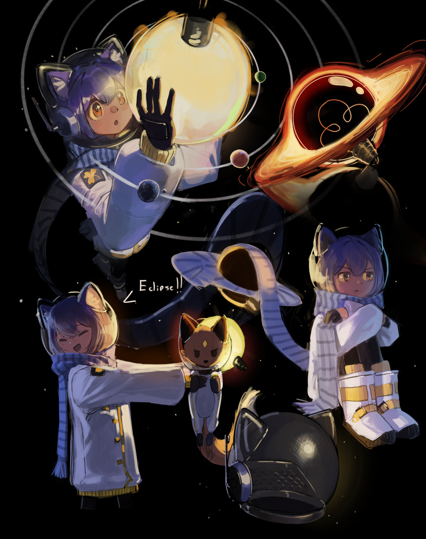 1girl 1other :o :t absurdres alternate_costume androgynous animal animal_ear_fluff animal_ears animal_nose black_background black_fur black_gloves black_hole blue_hair blue_scarf boots brown_eyes cat_ears child closed_eyes closed_mouth clothed_animal clover_print coat colored_sclera commentary crossed_arms dot_nose english_commentary english_text facing_to_the_side fox gloves helmet highres holding holding_animal holding_bulb light_bulb long_scarf long_sleeves looking_at_object looking_at_viewer looking_to_the_side medium_hair multiple_views niko_(oneshot) oneshot_(game) open_mouth orange_fur orange_tail orbital_path parted_lips planet pout radio_antenna rue_(oneshot) scarf shadches72 sitting smile space_helmet star_(symbol) striped_clothes striped_scarf sun unworn_headwear unworn_helmet v-shaped_eyebrows v-shaped_eyes vertical-striped_clothes vertical-striped_scarf white_boots white_coat yellow_sclera