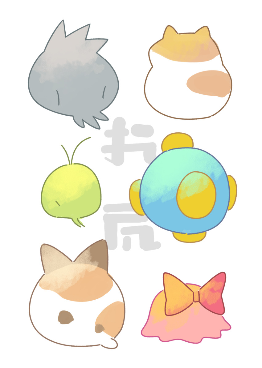 animal_ears bow cat_ears chuchu_(kirby) coo_(kirby) fish from_behind hakaba_(ksni_tbn) hamster_ears highres kine_(kirby) kirby&#039;s_dream_land_3 kirby_(series) nago_(kirby) nintendo no_humans ocean_sunfish pitch_(kirby) red_bow rick_(kirby)