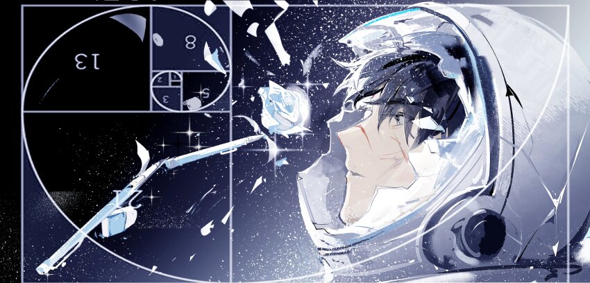 1boy absurdres astronaut black_eyes black_hair broken_glass broken_helmet chinese_commentary commentary_request crystal_flower flower glass golden_spiral helmet highres lantercat male_focus multiple_scars numbered official_alternate_costume omniscient_reader&#039;s_viewpoint parted_lips portrait rose scar scar_on_face short_hair sky solo space space_helmet spacesuit star_(sky) starry_sky white_flower white_rose yoo_joonghyuk